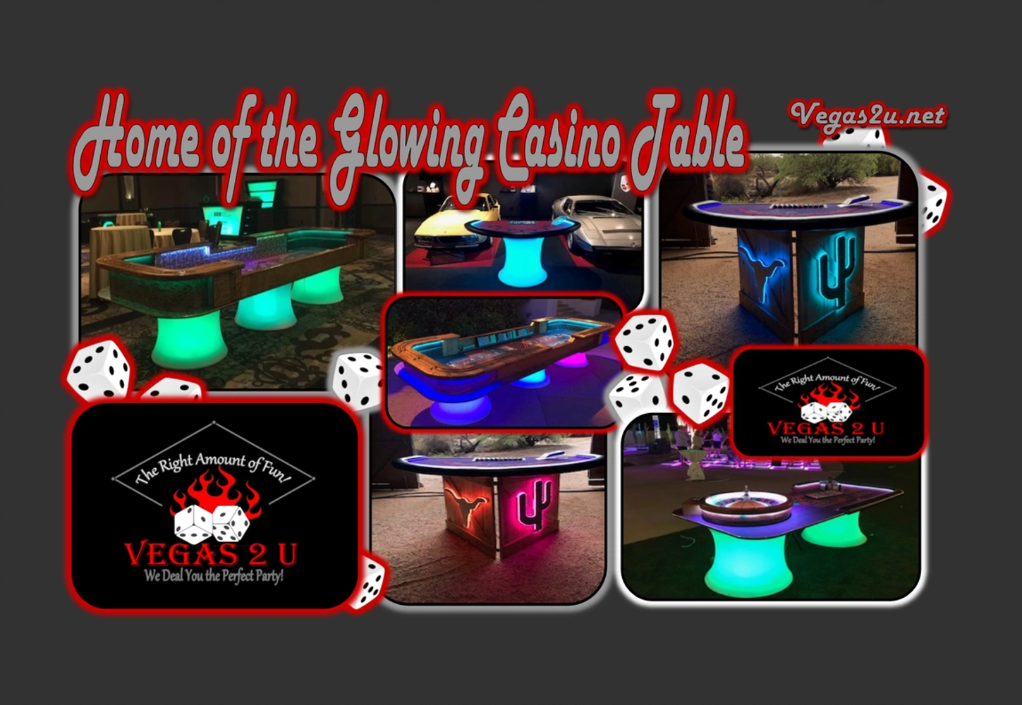 Glowing casino tables with neon lighting at a Vegas 2 U Glow Casino event